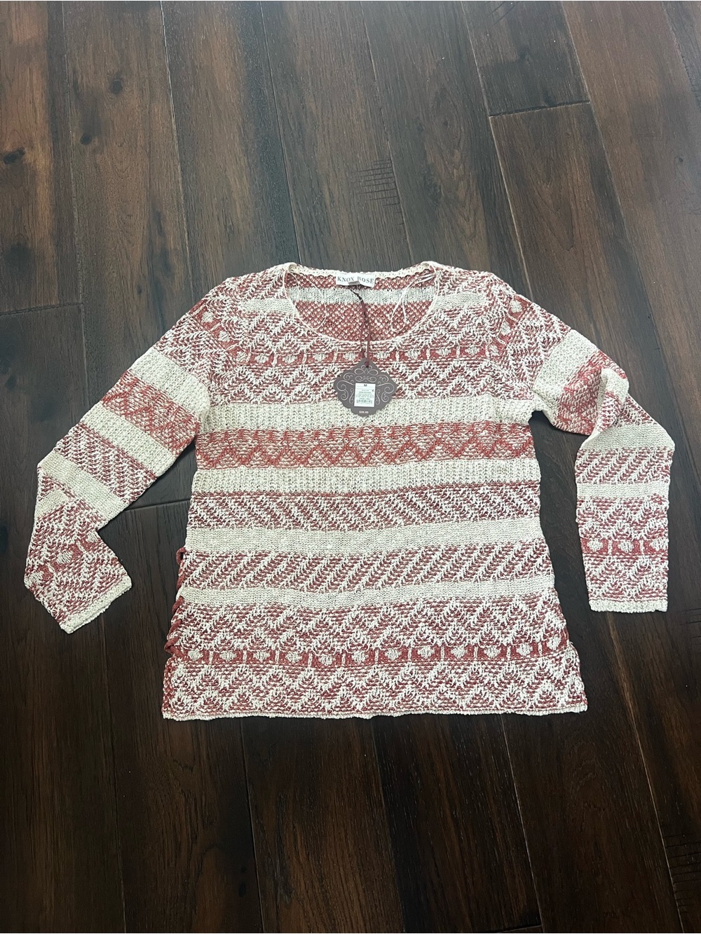 Striped Crochet Knit Long-Sleeve Top in sienna and Cream